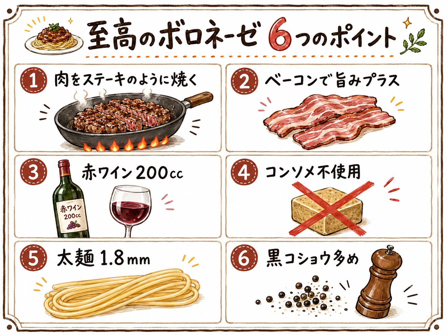 至高のボロネーゼ6つのポイント図解
